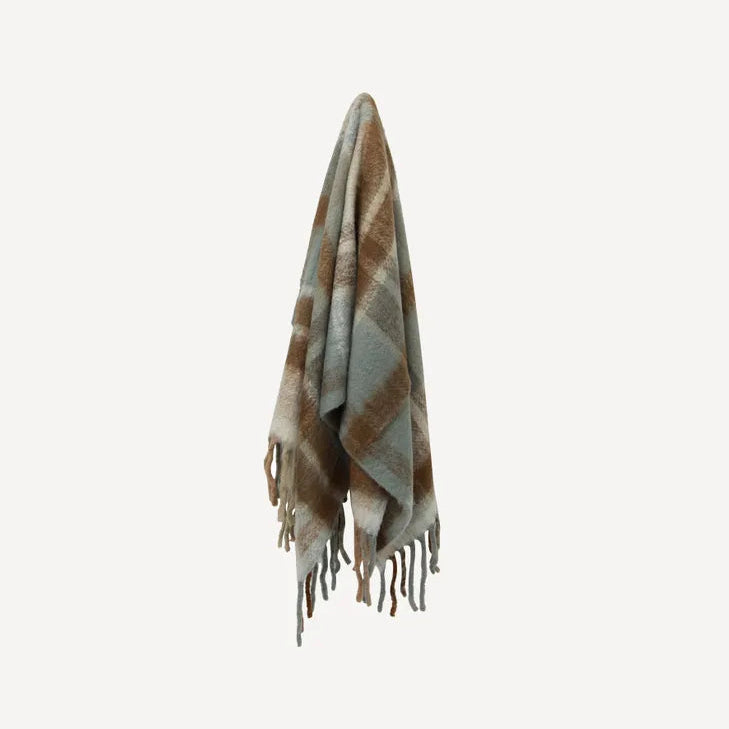 Blue Brown Plaid Tassel Throw