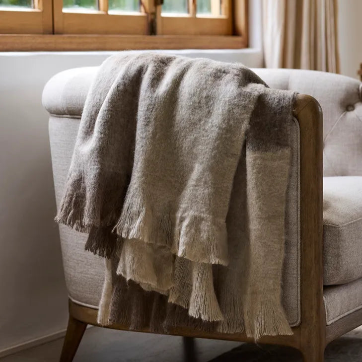 Beige Brown Plaid Fringe Throw