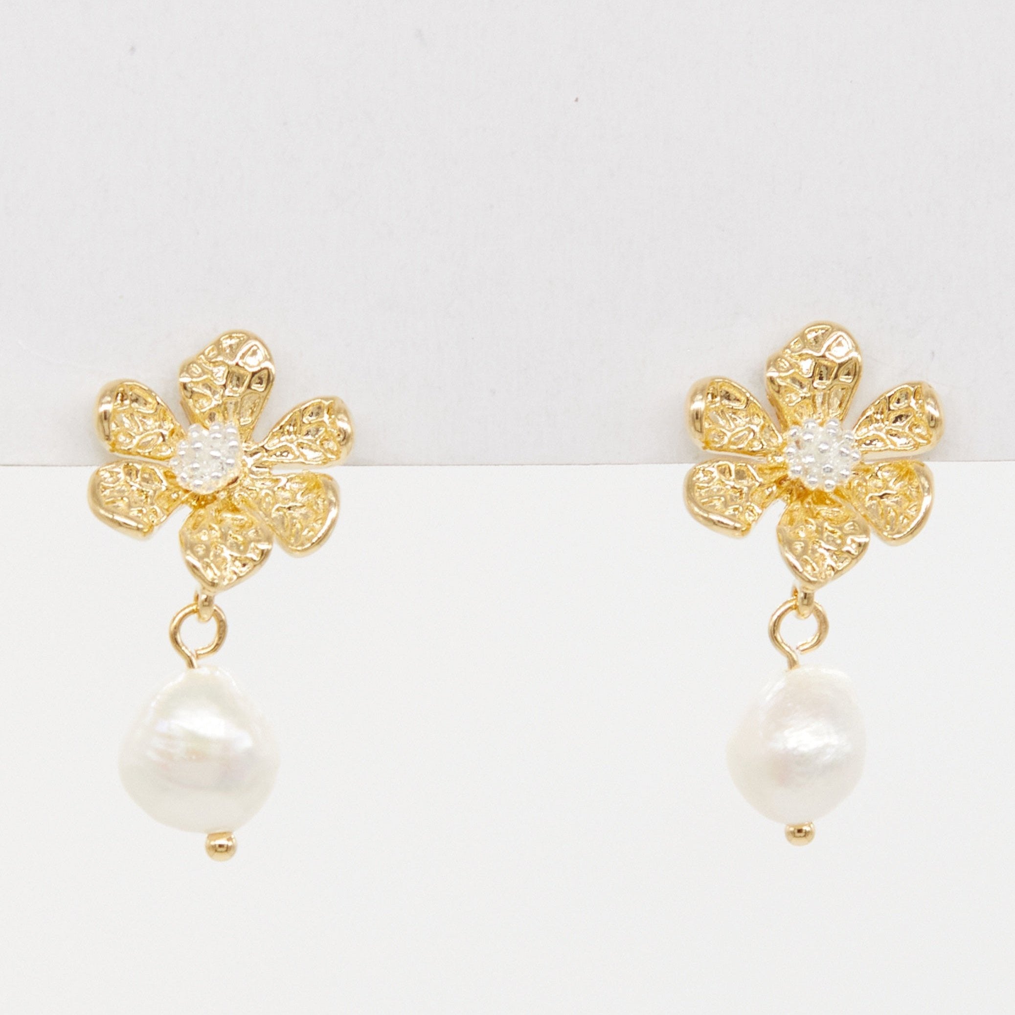 Flower White Enamel Gold W/Pearl Earrings