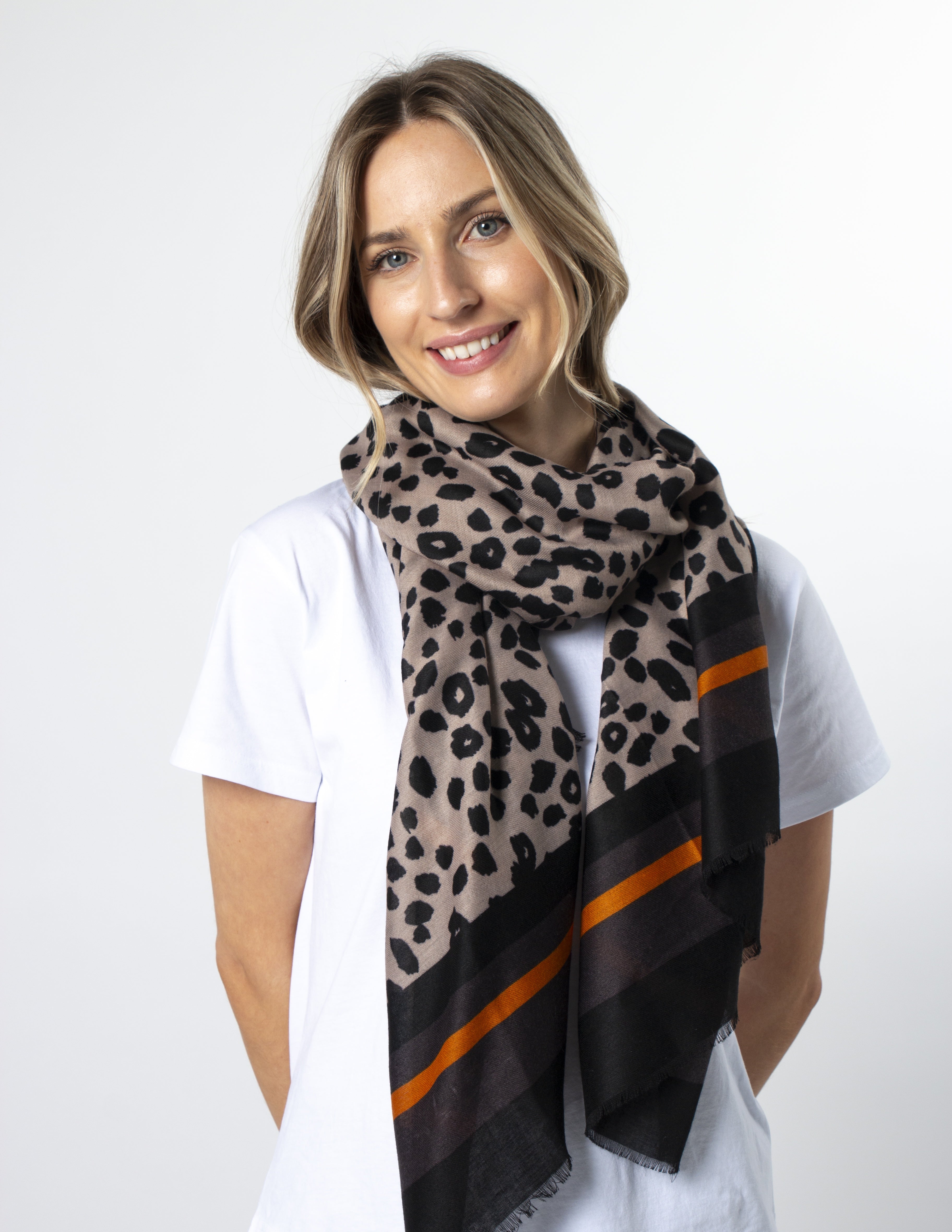 Taupe Leopard Orange Stripe  Scarf