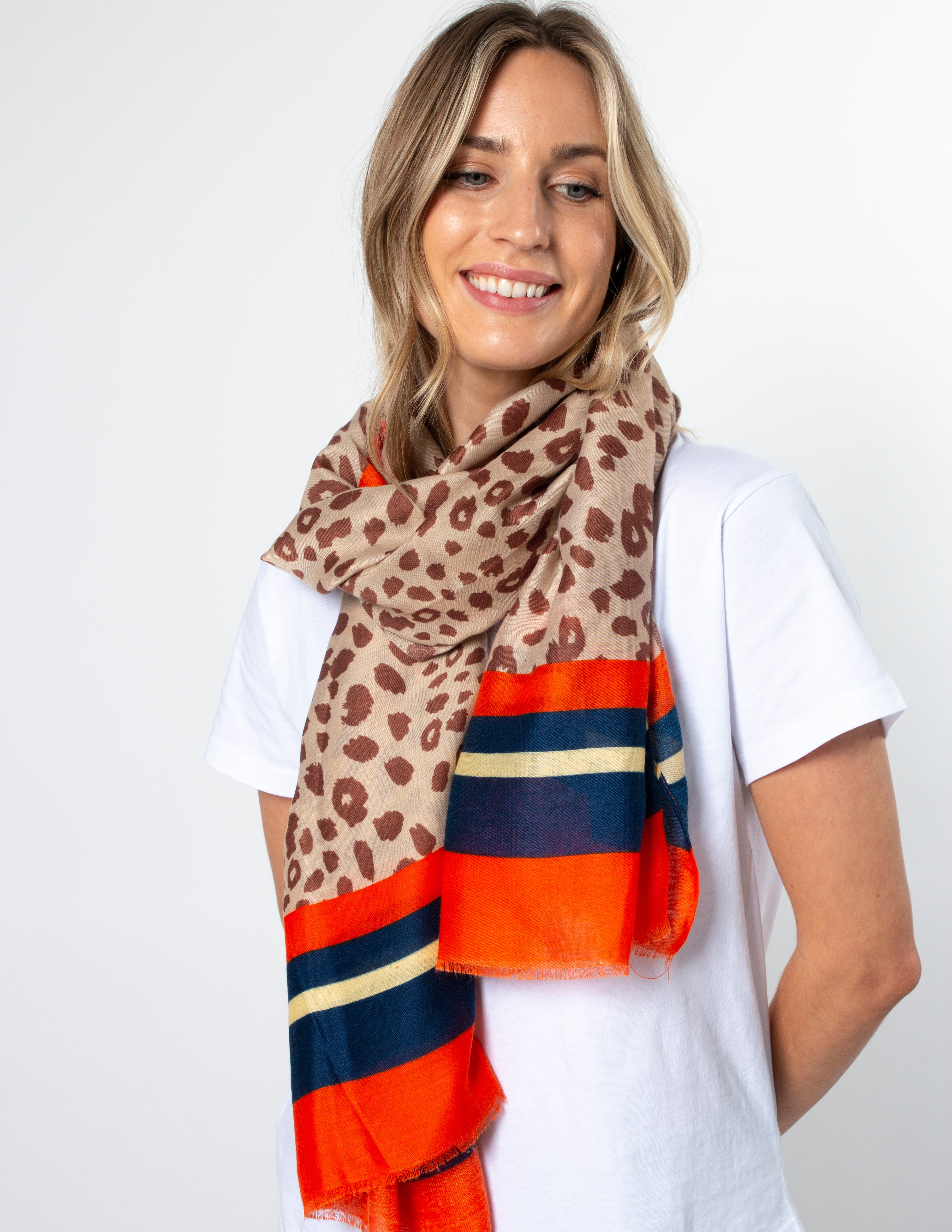 Chestnut Leopard Navy Stripe Scarf